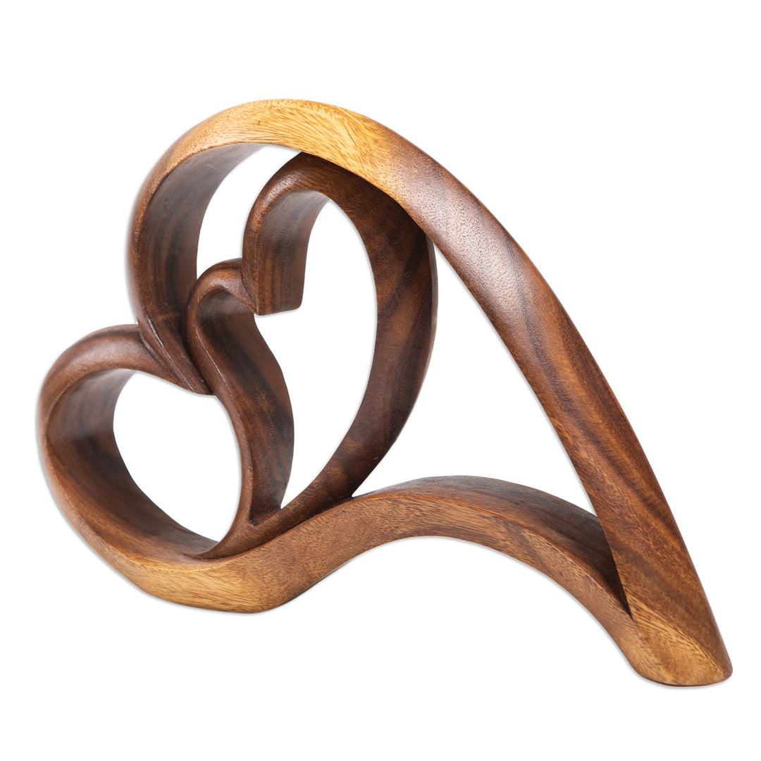 Handmade Suar Wood Statuette with Heart Motif - Layered Love
