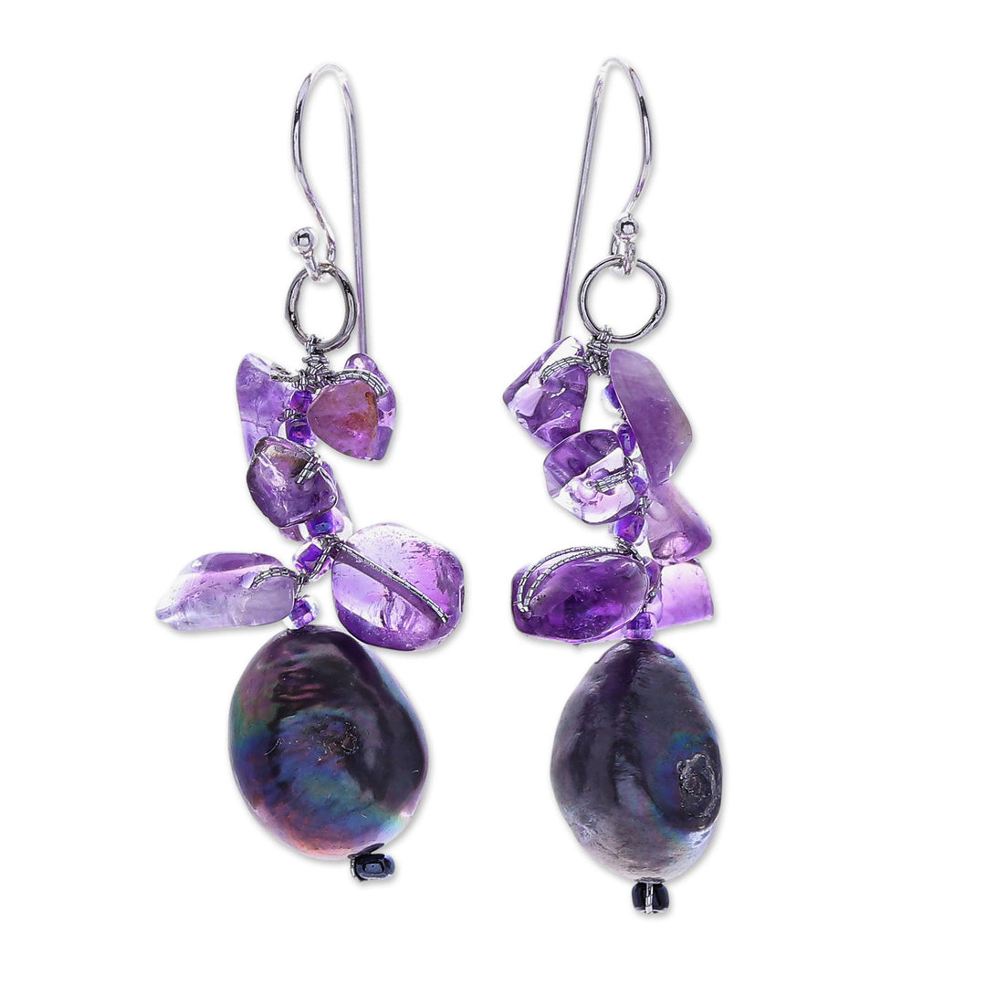 Amethyst and Cultured Pearl Cluster Earrings - Polar Sleep
