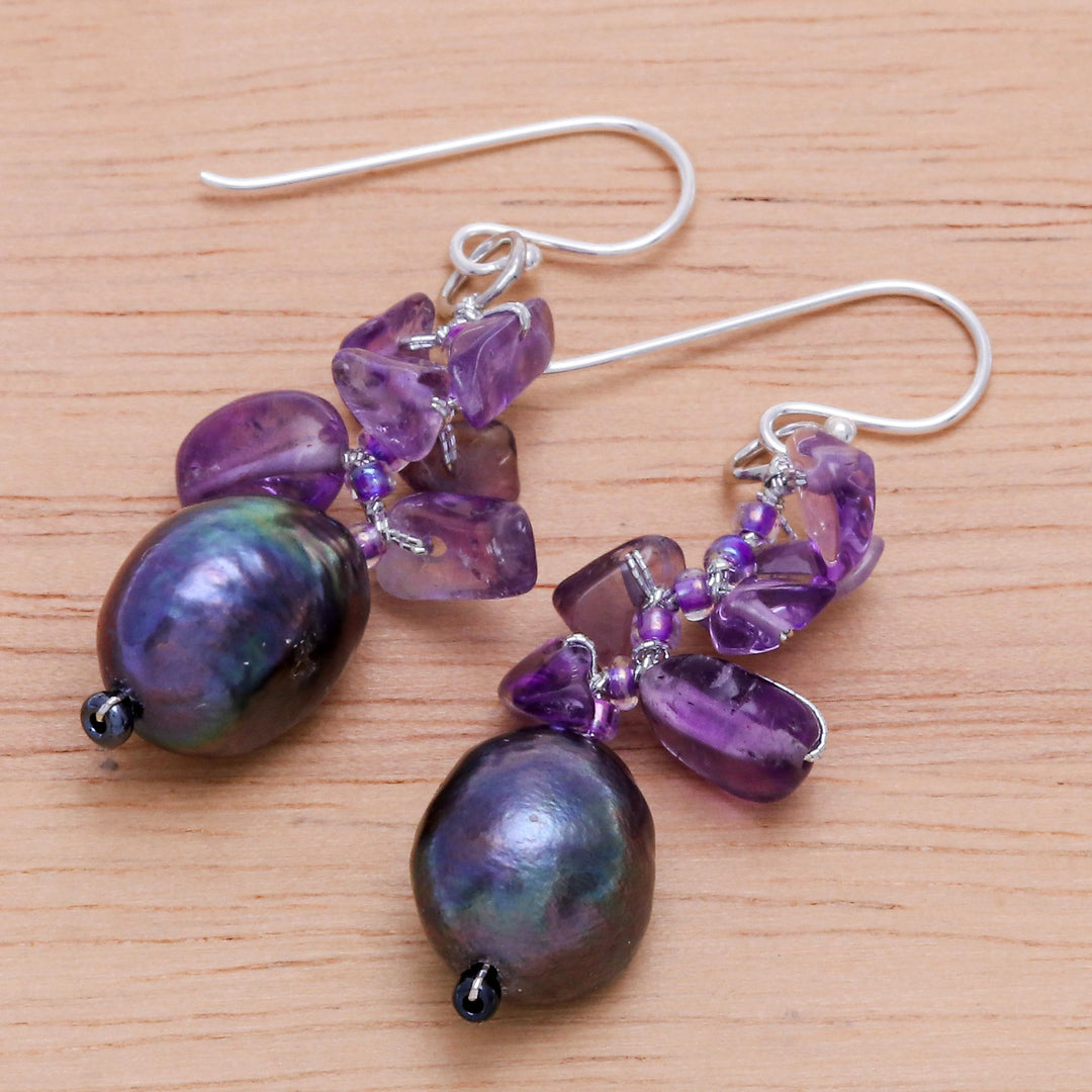 Amethyst and Cultured Pearl Cluster Earrings - Polar Sleep