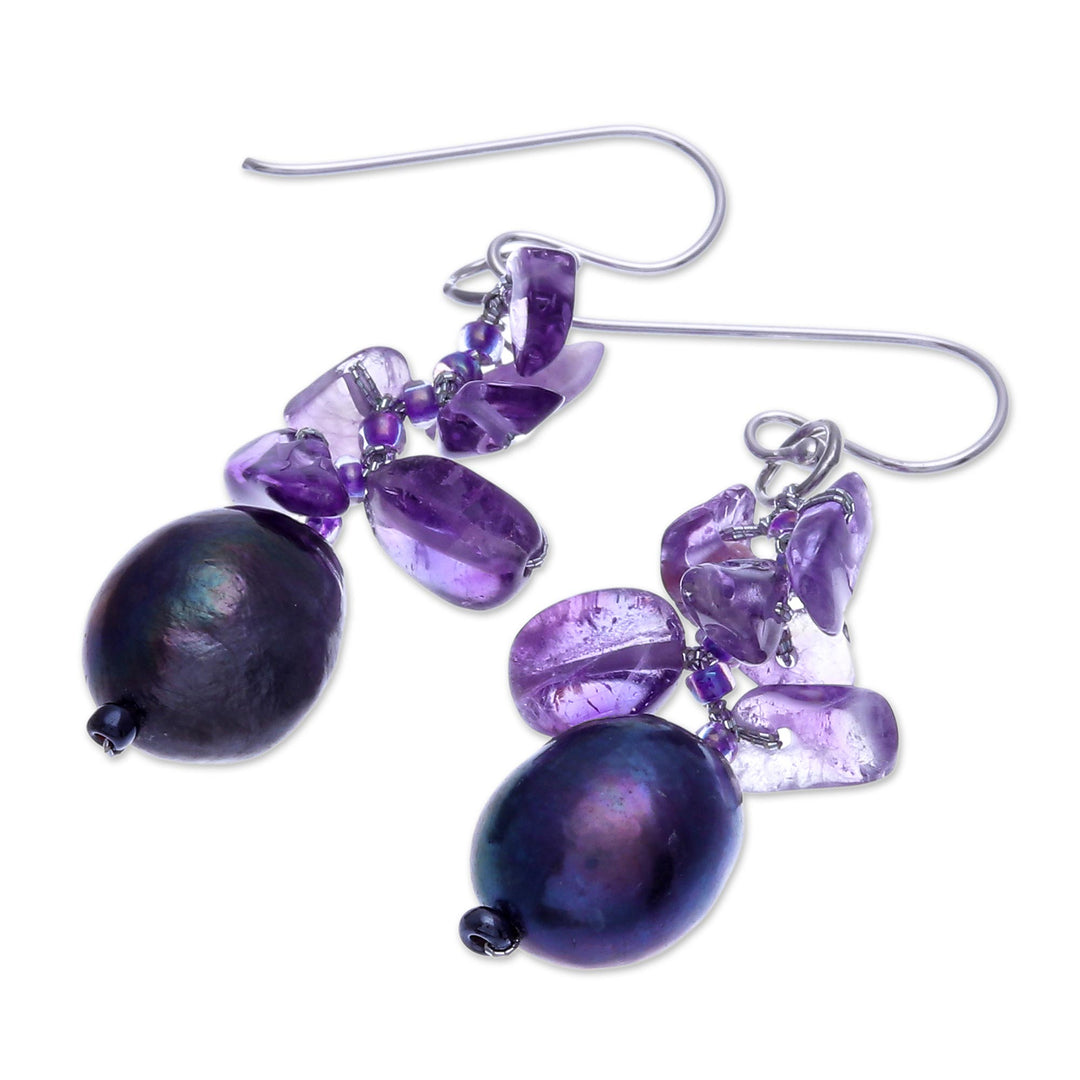 Amethyst and Cultured Pearl Cluster Earrings - Polar Sleep