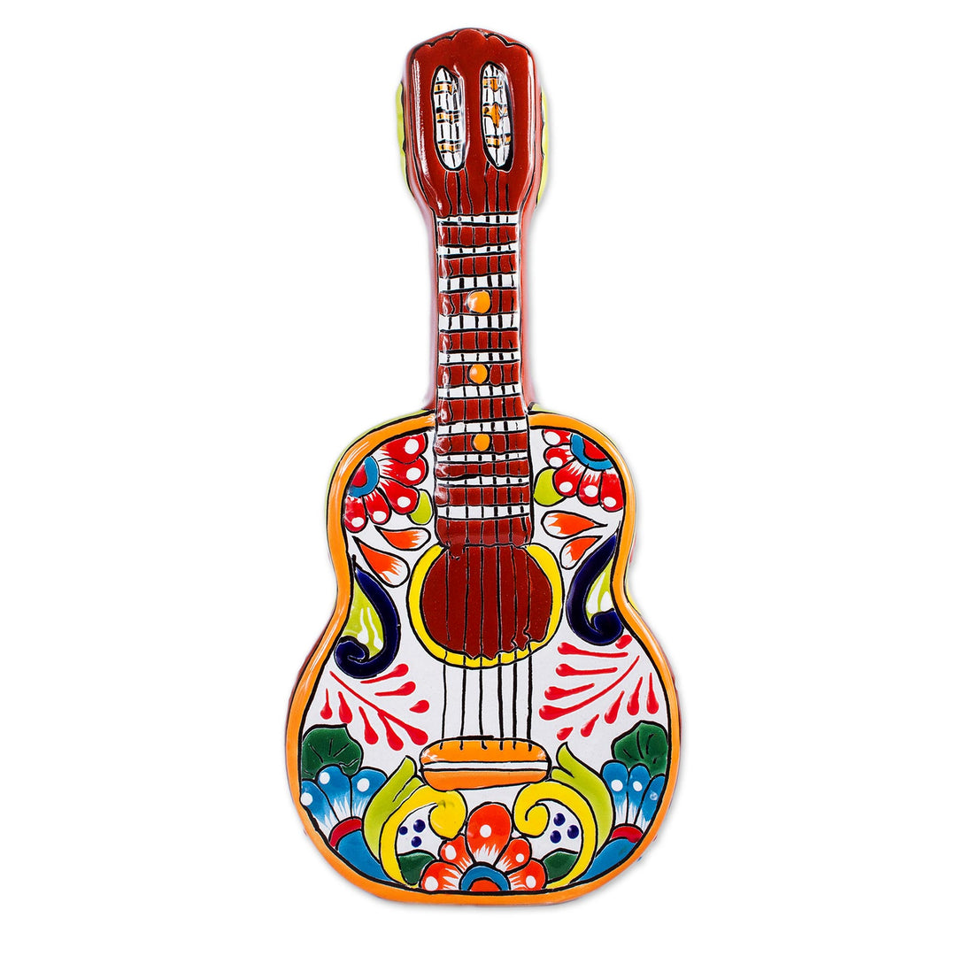 Talavera-Style Ceramic Guitar Sculpture from Mexico - Talavera Guitar