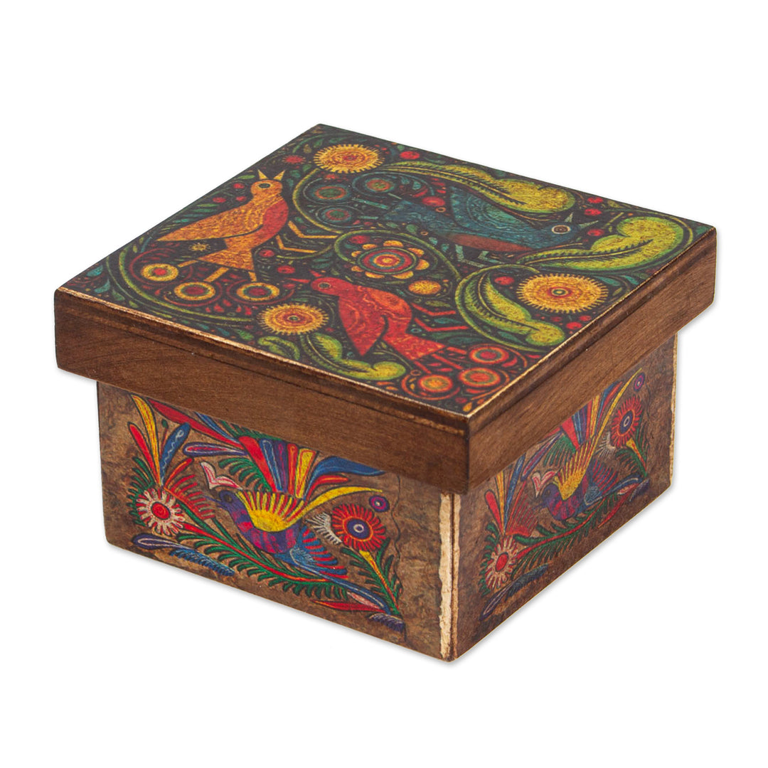 Wood Box with Otomi Inspired Bird Decoupage from Mexico - Otomi Flight