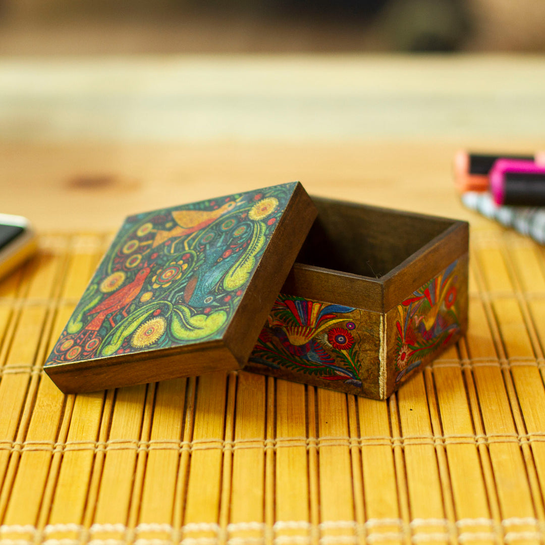 Wood Box with Otomi Inspired Bird Decoupage from Mexico - Otomi Flight
