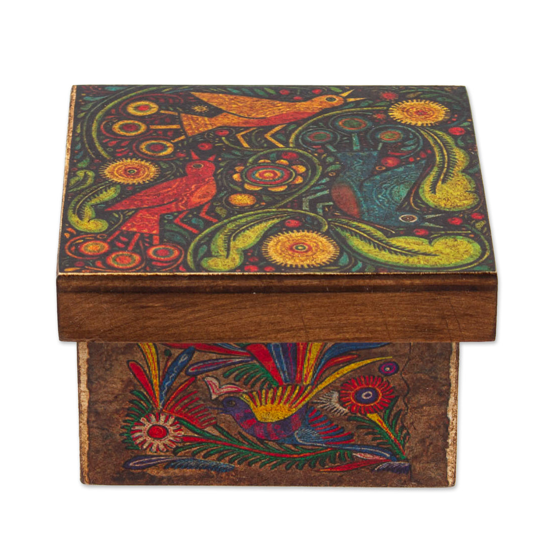Wood Box with Otomi Inspired Bird Decoupage from Mexico - Otomi Flight