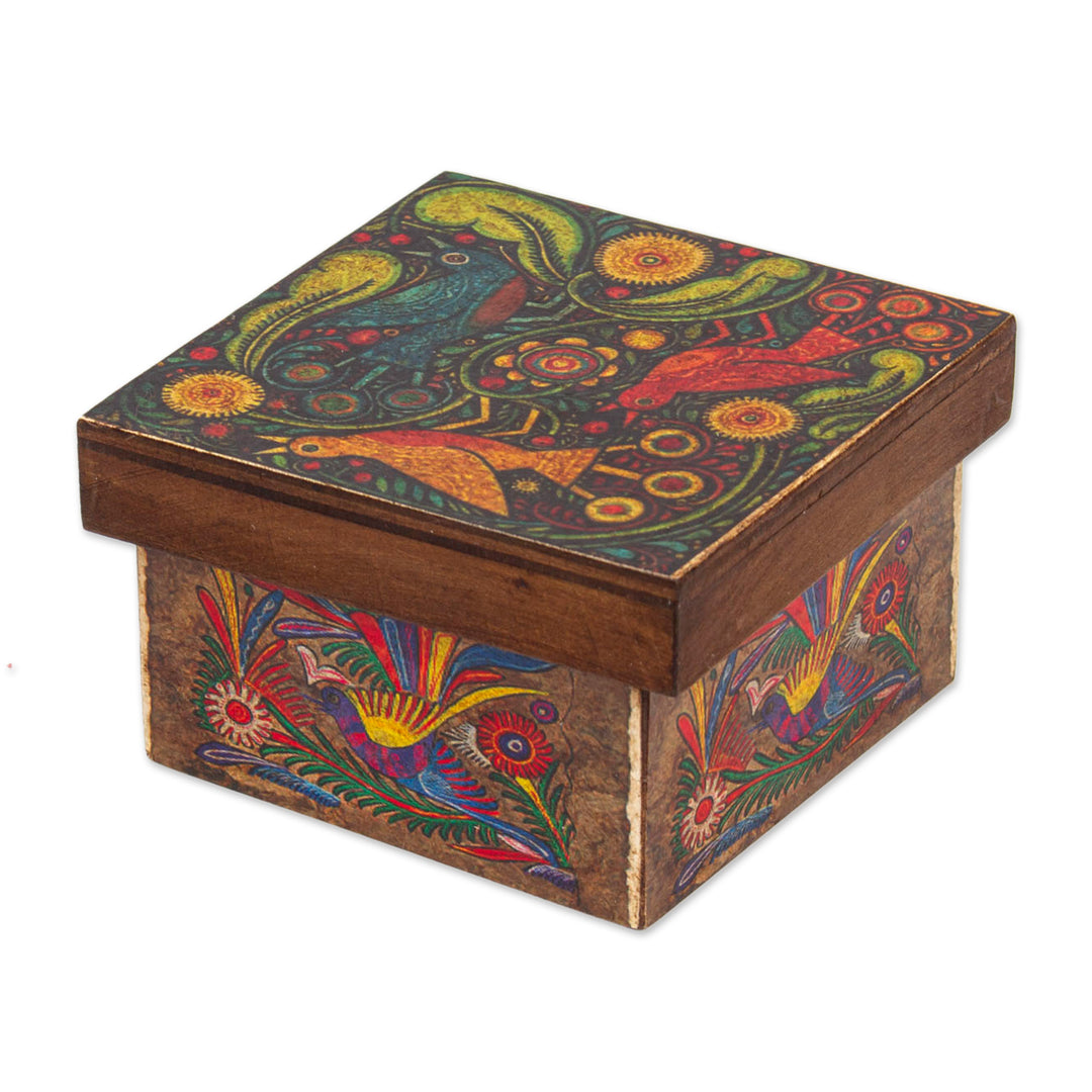 Wood Box with Otomi Inspired Bird Decoupage from Mexico - Otomi Flight