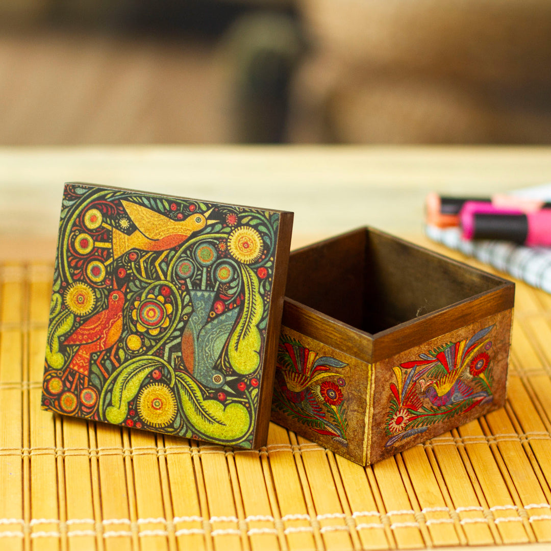 Wood Box with Otomi Inspired Bird Decoupage from Mexico - Otomi Birds