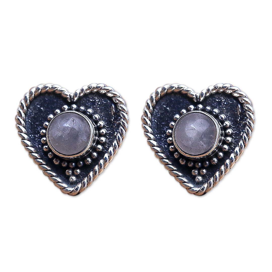 Rainbow Moonstone Stud Earrings with Heart Motif - Loving Rainbow