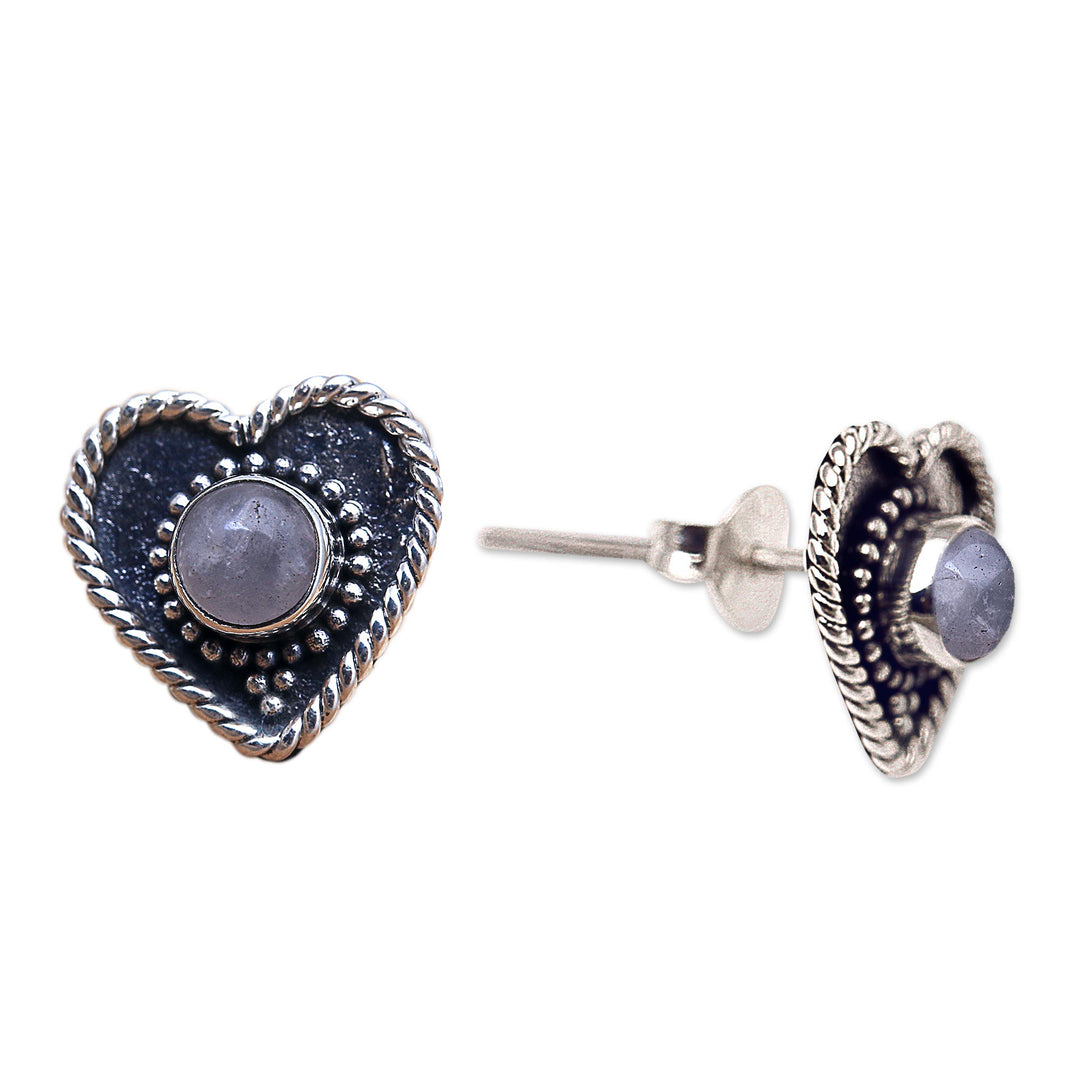 Rainbow Moonstone Stud Earrings with Heart Motif - Loving Rainbow
