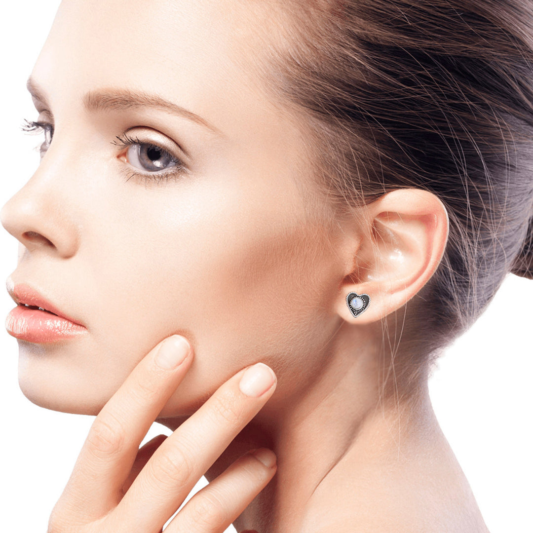 Rainbow Moonstone Stud Earrings with Heart Motif - Loving Rainbow