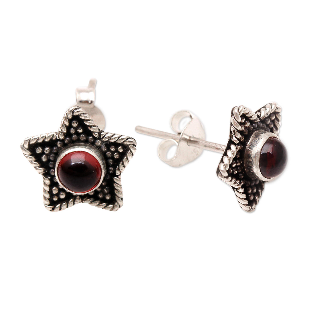 Handmade Garnet Stud Earrings with Star Motif - Crimson Star