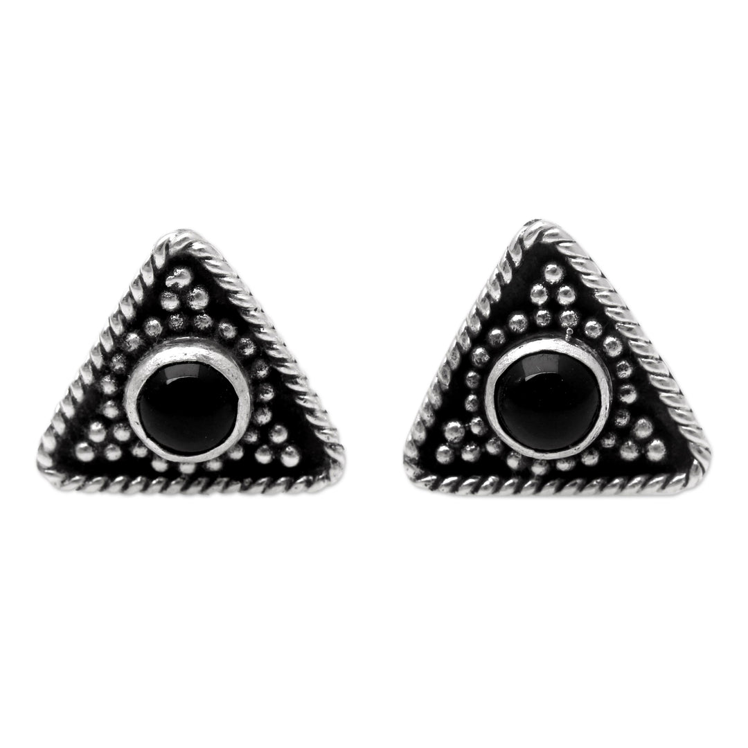 Triangular Onyx Button Earring from Bali - Dark Triangle
