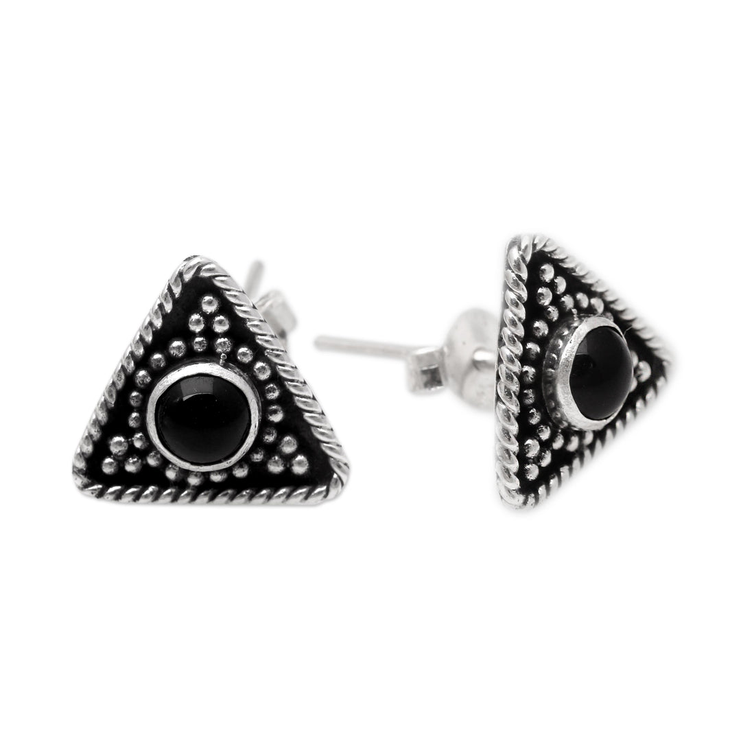 Triangular Onyx Button Earring from Bali - Dark Triangle