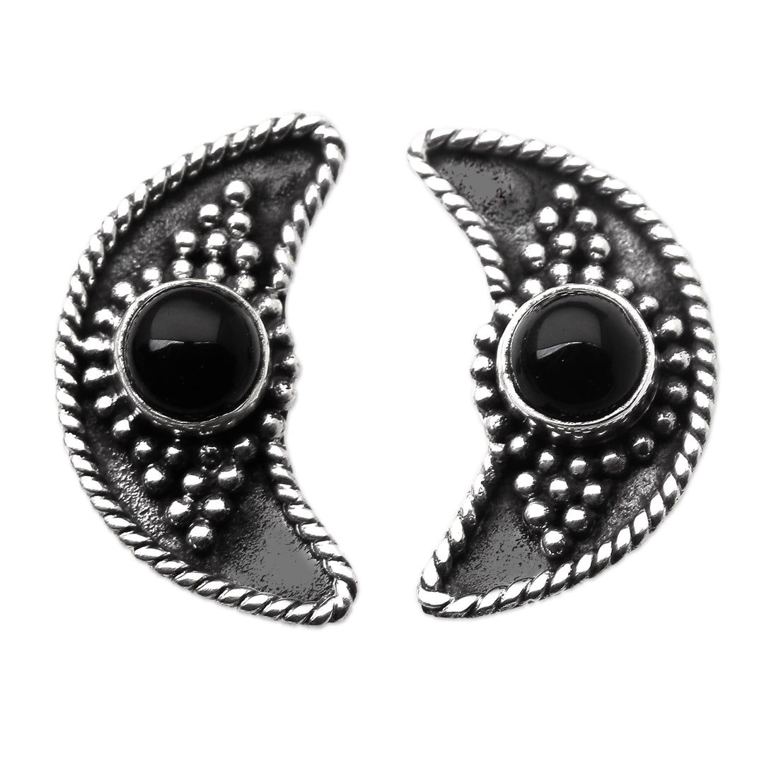 Onyx Button Earrings with Crescent Moon Motif - Crescent Night