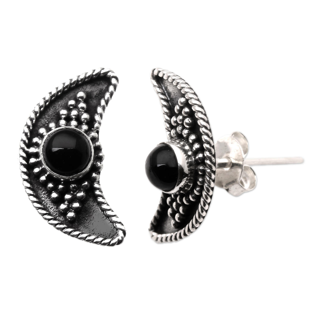 Onyx Button Earrings with Crescent Moon Motif - Crescent Night