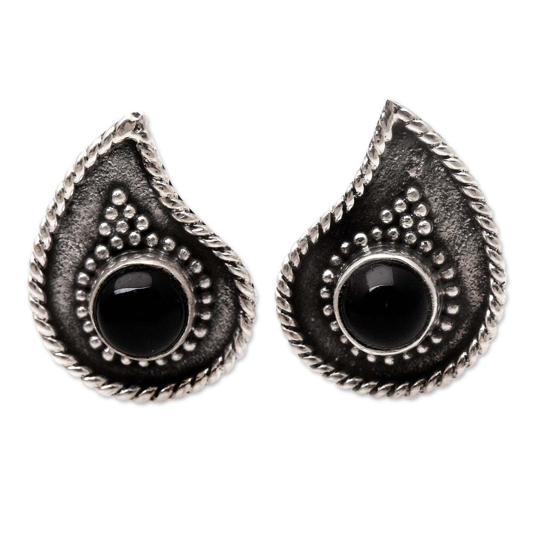 Handmade Onyx and Sterling Silver Button Earrings - Dark Teardrop