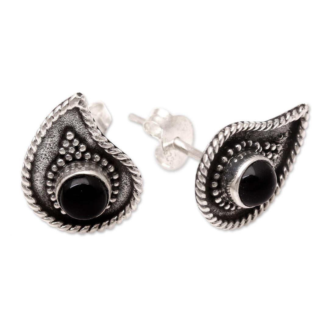 Handmade Onyx and Sterling Silver Button Earrings - Dark Teardrop