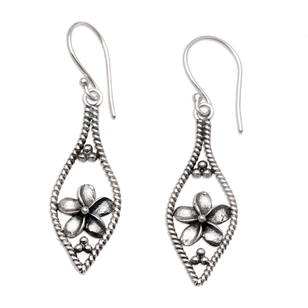 Balinese Sterling Silver Frangipani Dangle Earrings - Frangipani Twist