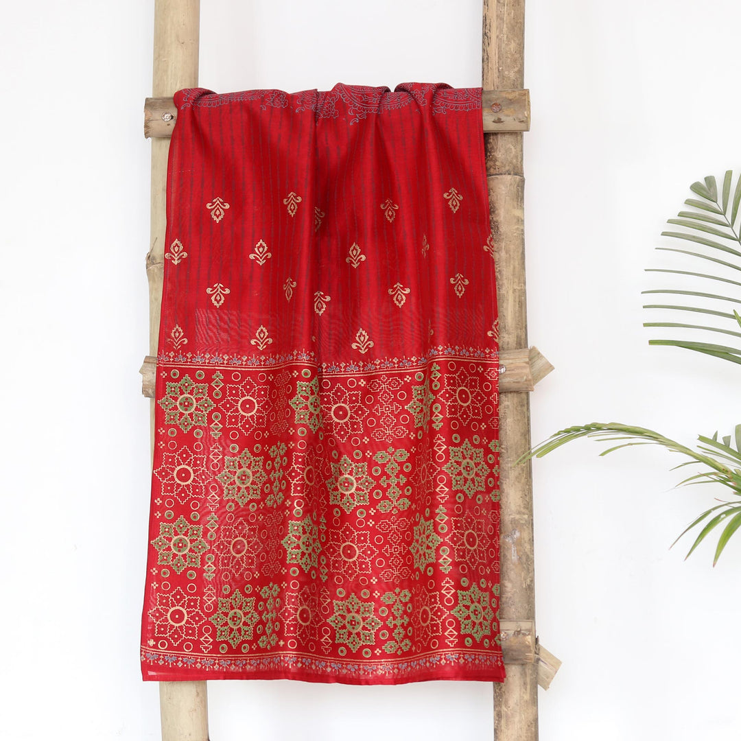 Block-Printed Cotton and Silk Shawl from India - Eternal Flame