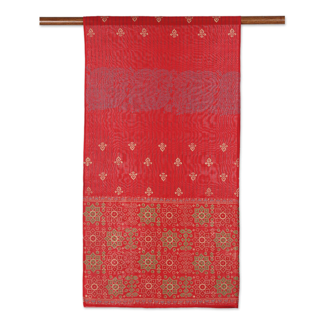 Block-Printed Cotton and Silk Shawl from India - Eternal Flame