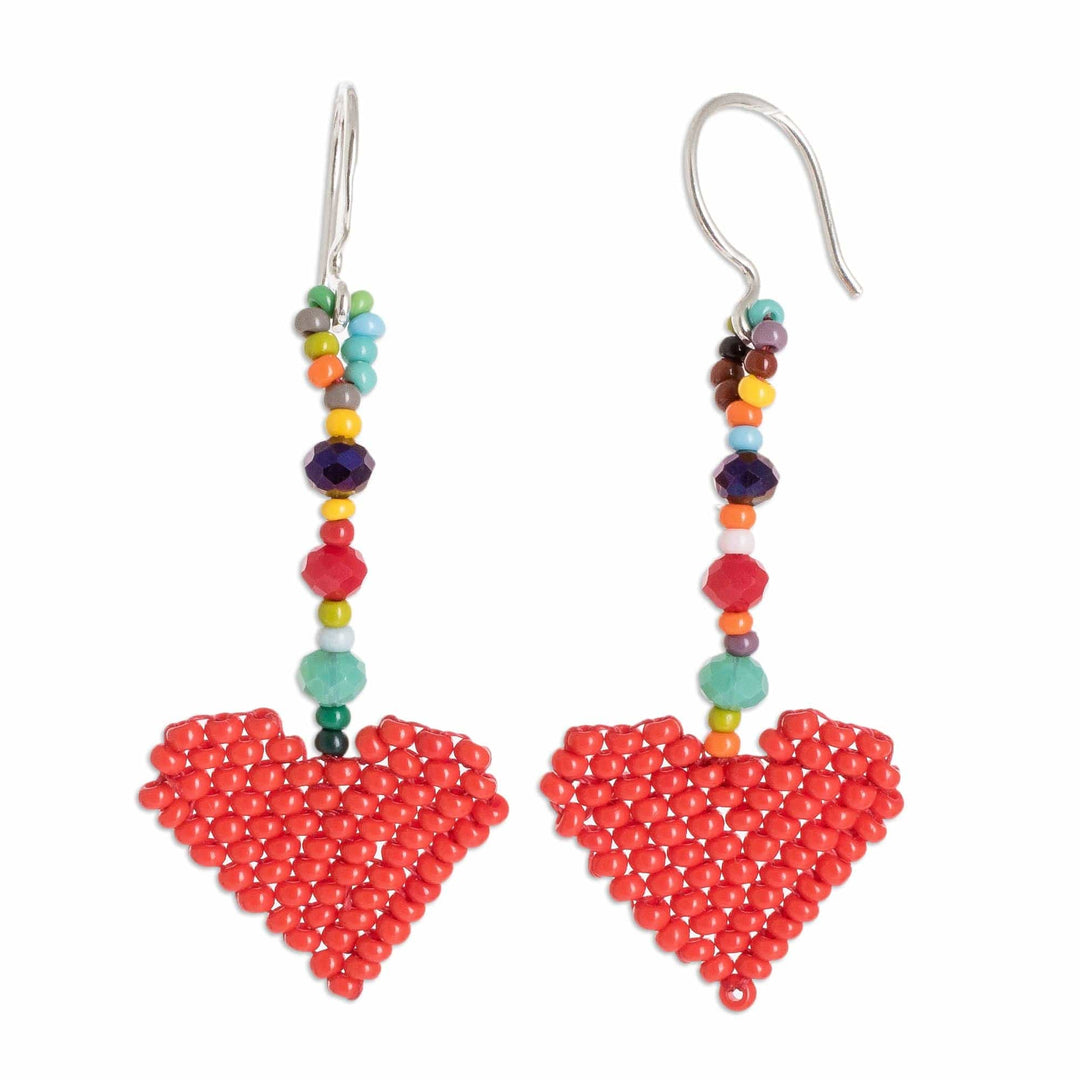 Heart-Shaped Dangle Earrings Woven in Red Glass Beads - Rainbow Hearts