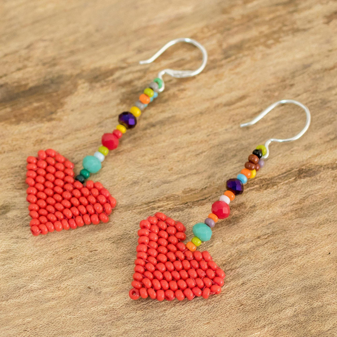 Heart-Shaped Dangle Earrings Woven in Red Glass Beads - Rainbow Hearts