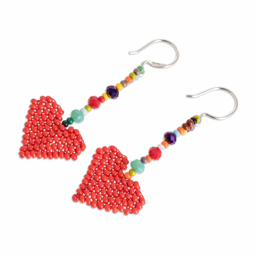 Heart-Shaped Dangle Earrings Woven in Red Glass Beads - Rainbow Hearts