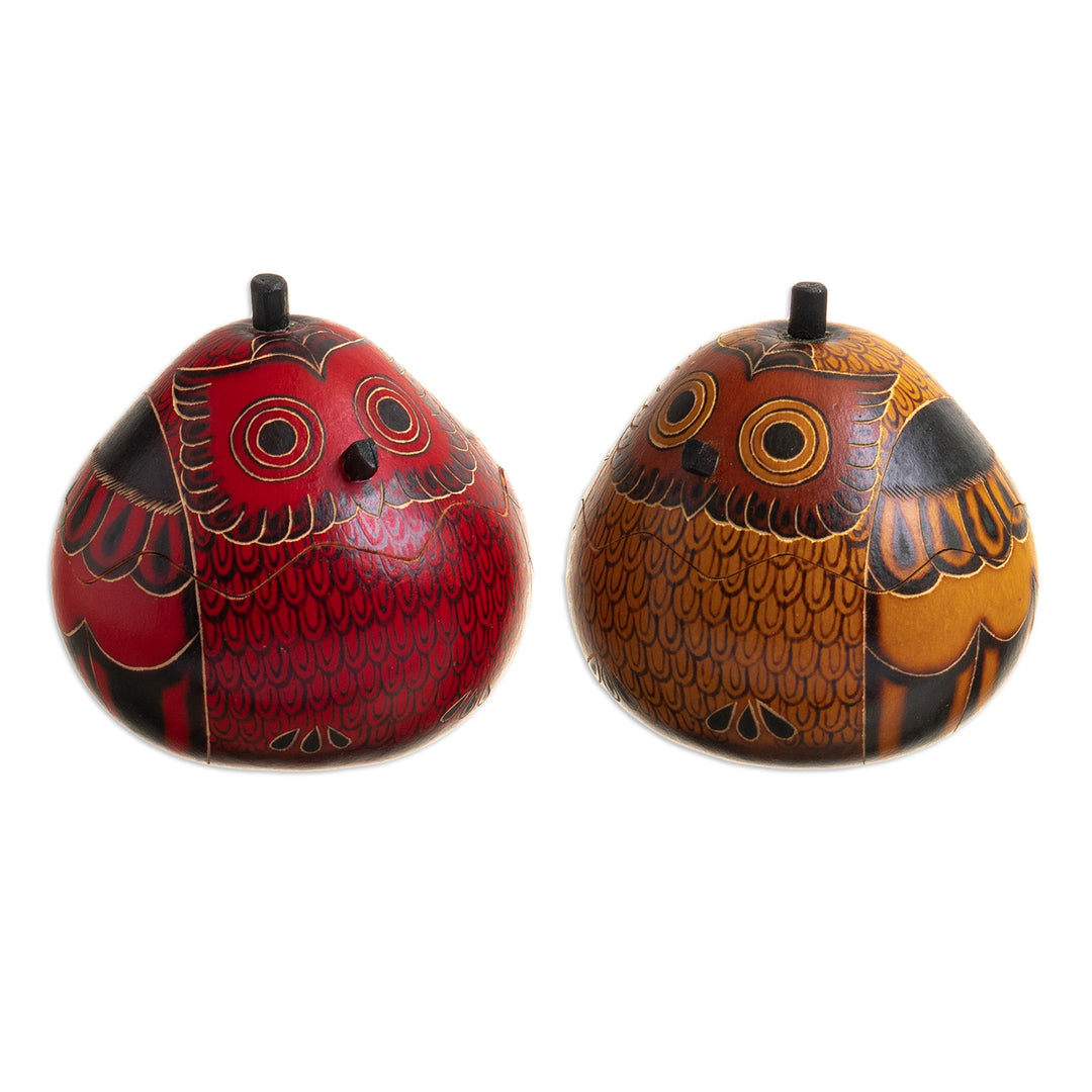 Decorative Owl Figures of Dried Mate Gourds from Peru (Pair) - Fortunate Owls