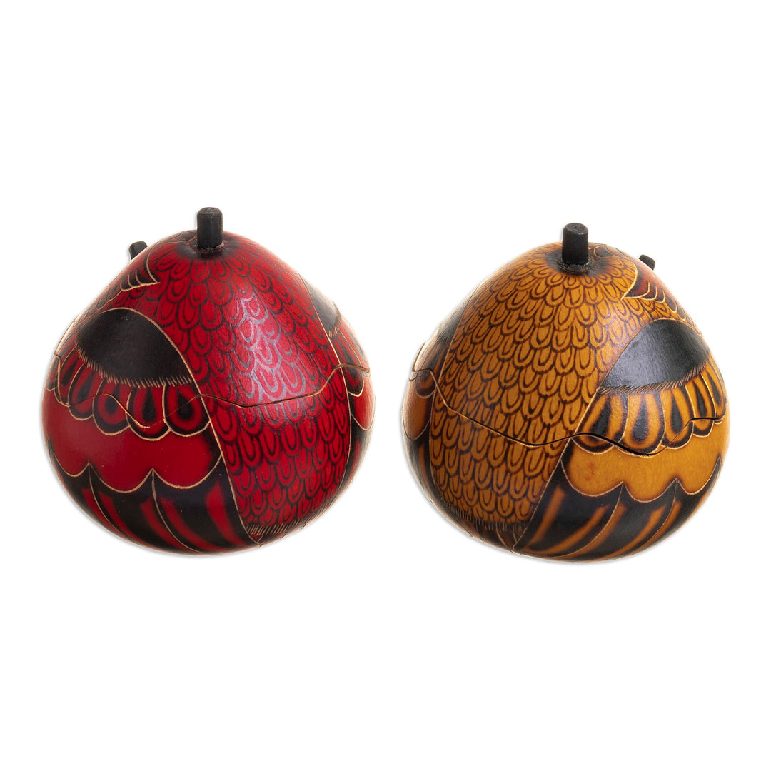 Decorative Owl Figures of Dried Mate Gourds from Peru (Pair) - Fortunate Owls