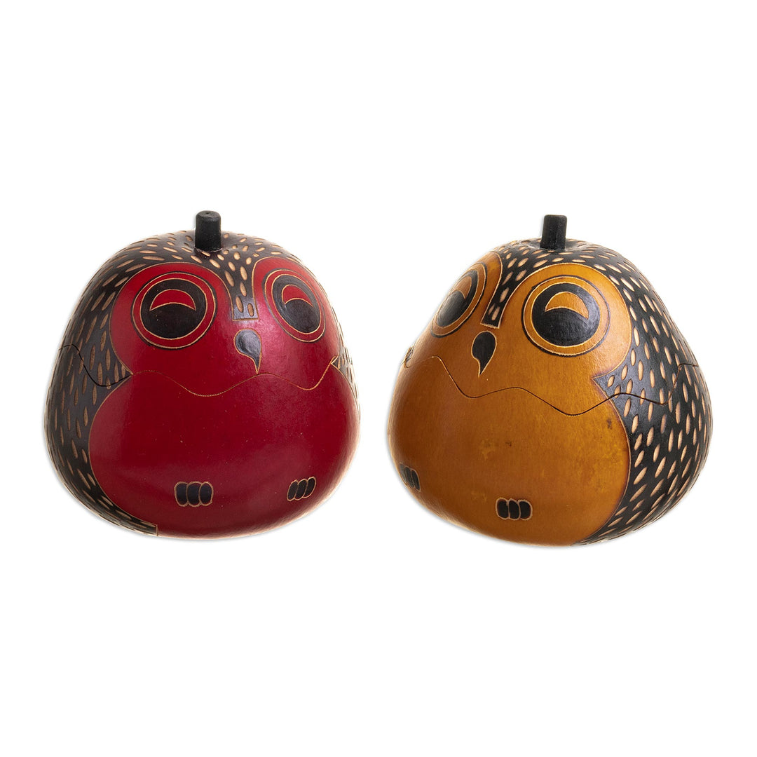 Decorative Owl Figures of Dried Mate Gourds from Peru (Pair) - Singing Owls