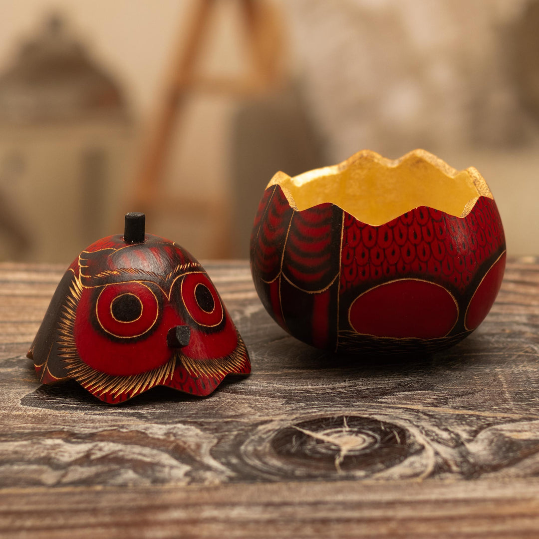 Dried Mate Gourd Box Painted in an Owl Motif from Peru - Paunchy Red Owl