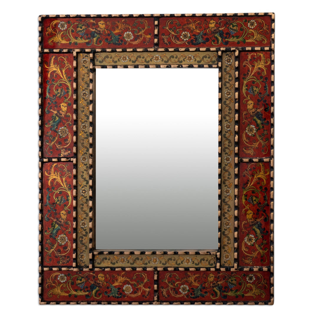 Reverse Painted Glass and Wood Framed Wall Mirror from Peru - Red Peruvian Elegance