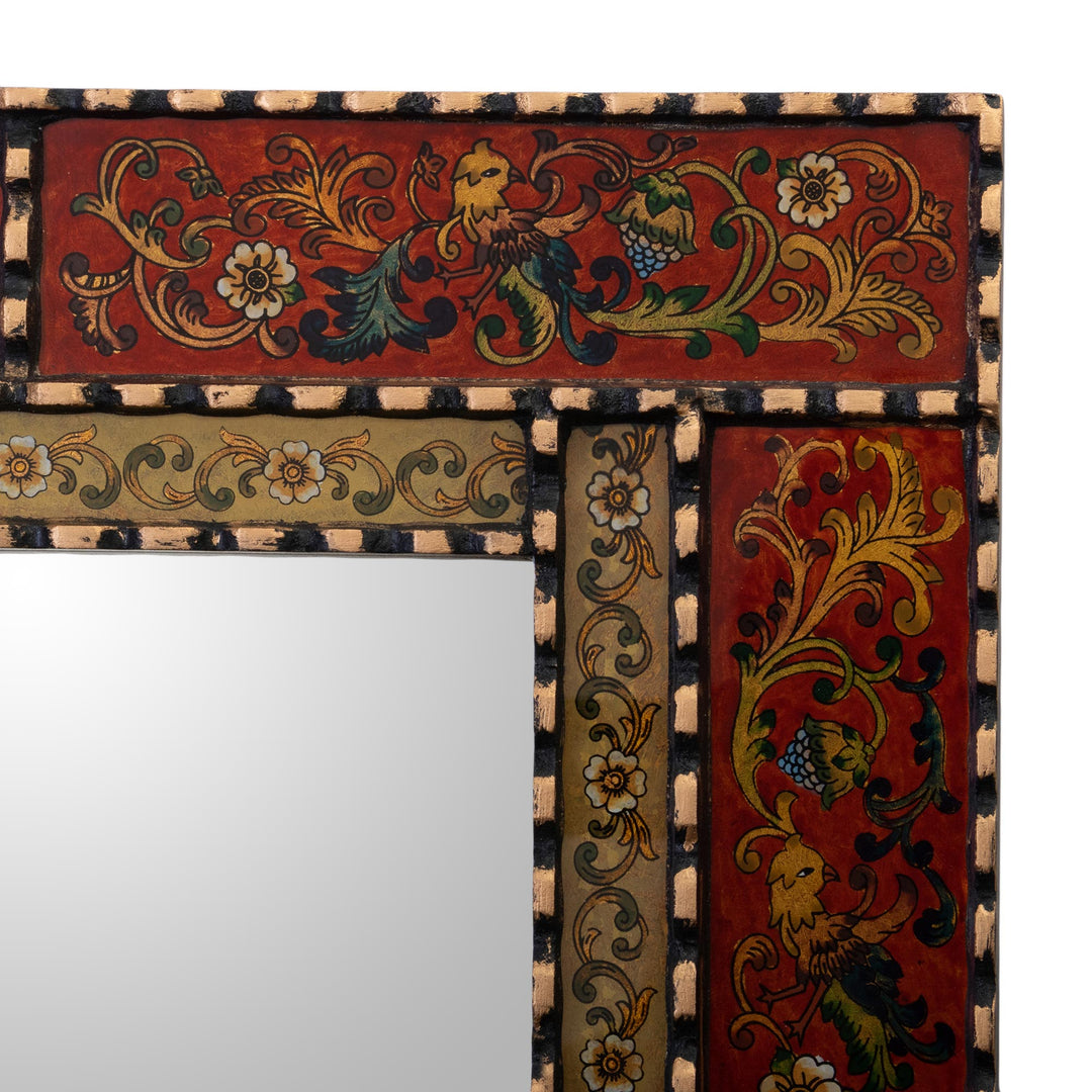Reverse Painted Glass and Wood Framed Wall Mirror from Peru - Red Peruvian Elegance