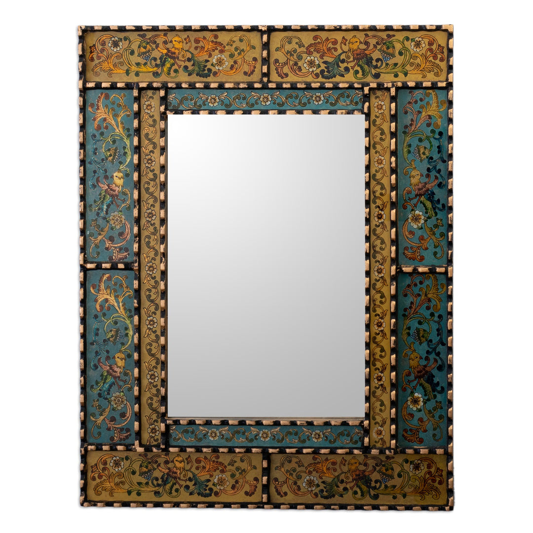 Reverse Painted Glass and Wood Framed Wall Mirror from Peru - Golden Blue Elegance