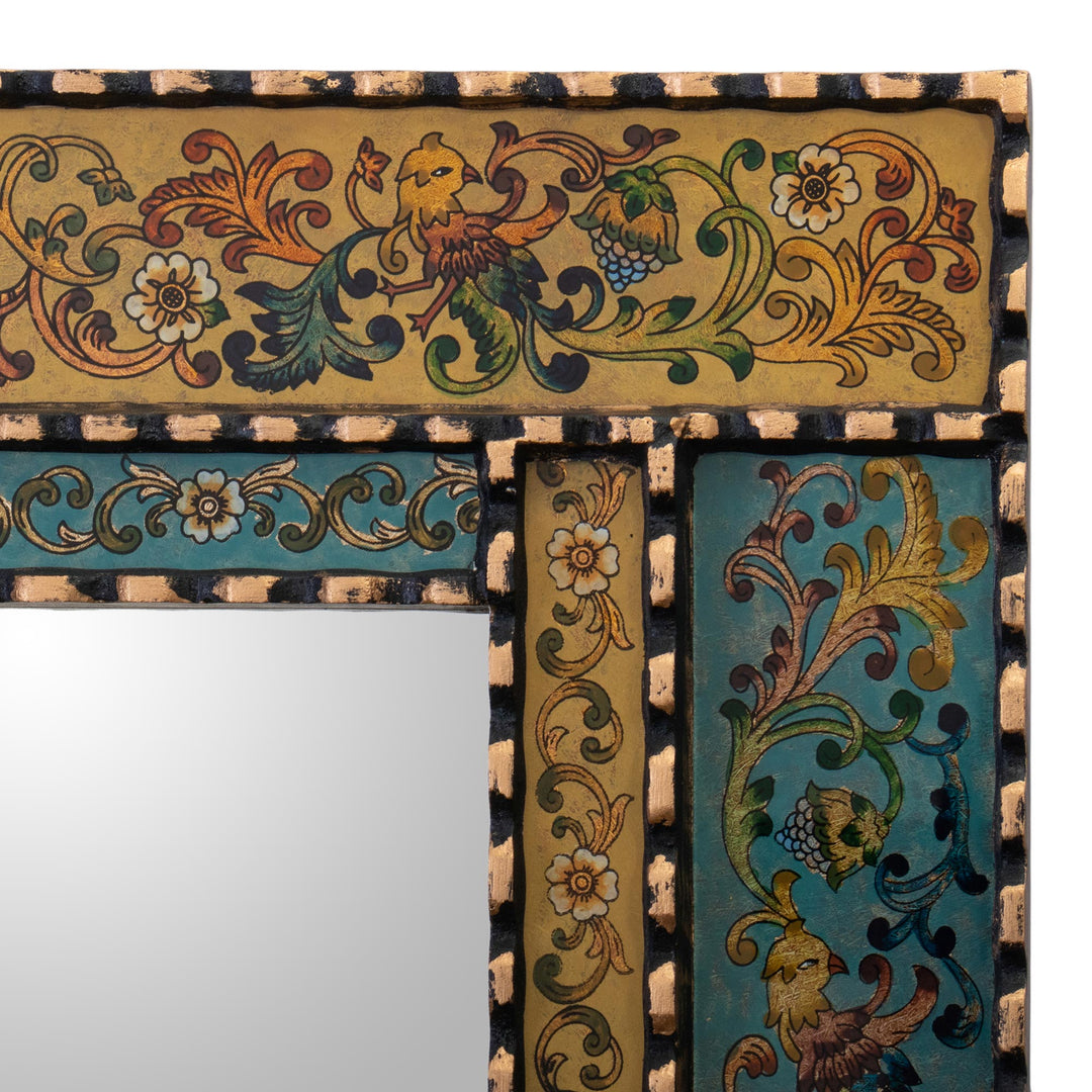 Reverse Painted Glass and Wood Framed Wall Mirror from Peru - Golden Blue Elegance