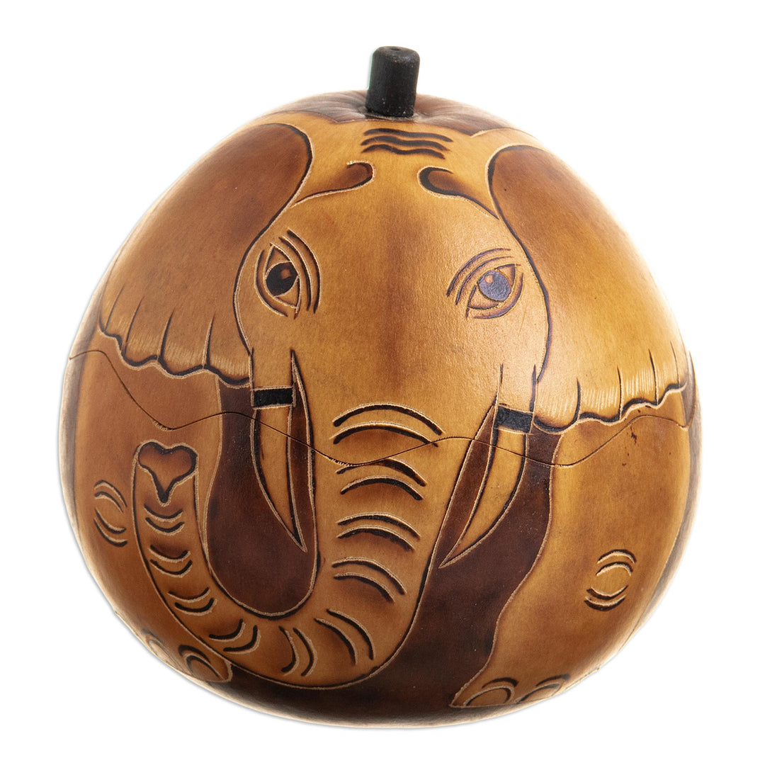 Dried Gourd with Burned Image of an Elephant from Peru - Earth Tone Elephant