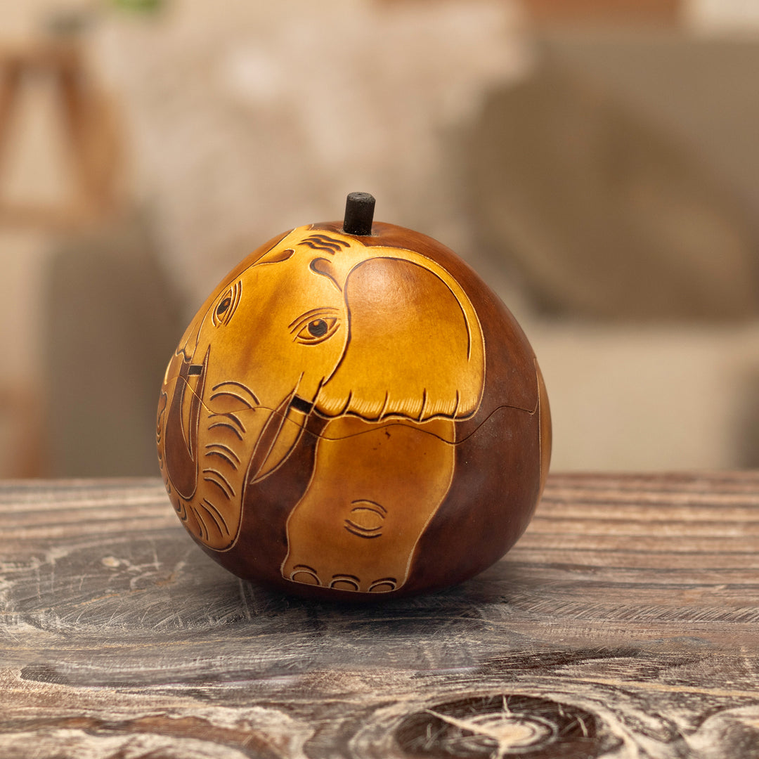 Dried Gourd with Burned Image of an Elephant from Peru - Earth Tone Elephant