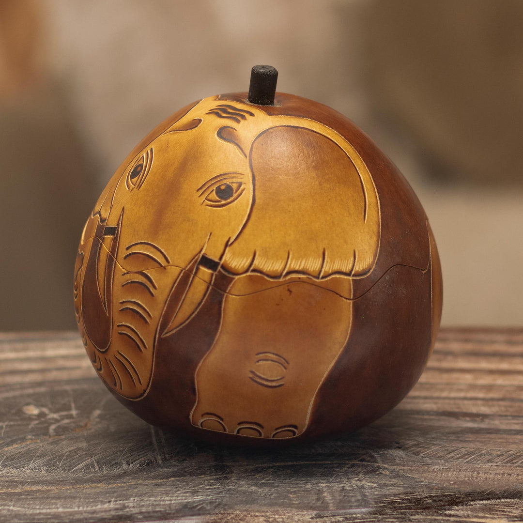 Dried Gourd with Burned Image of an Elephant from Peru - Earth Tone Elephant