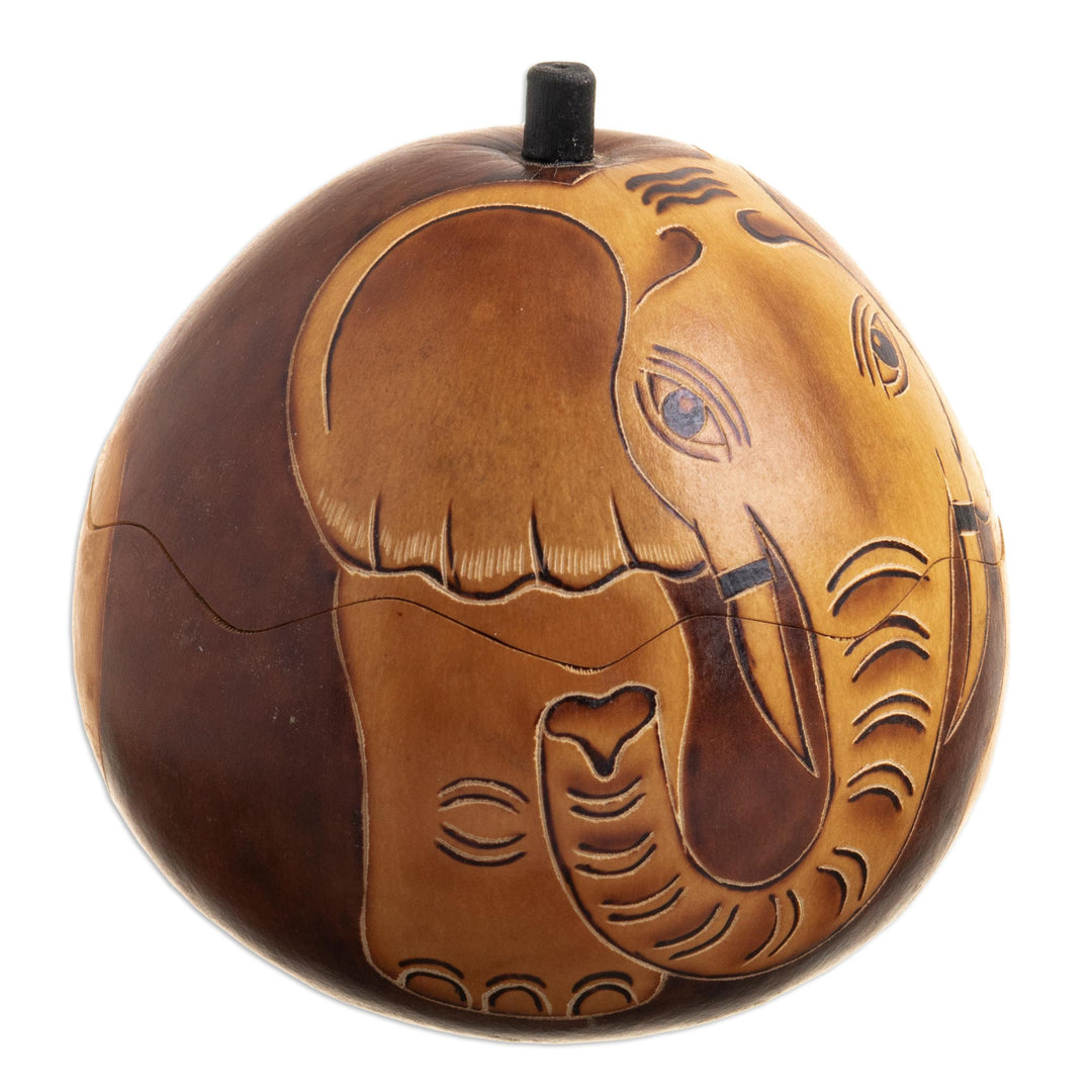 Dried Gourd with Burned Image of an Elephant from Peru - Earth Tone Elephant