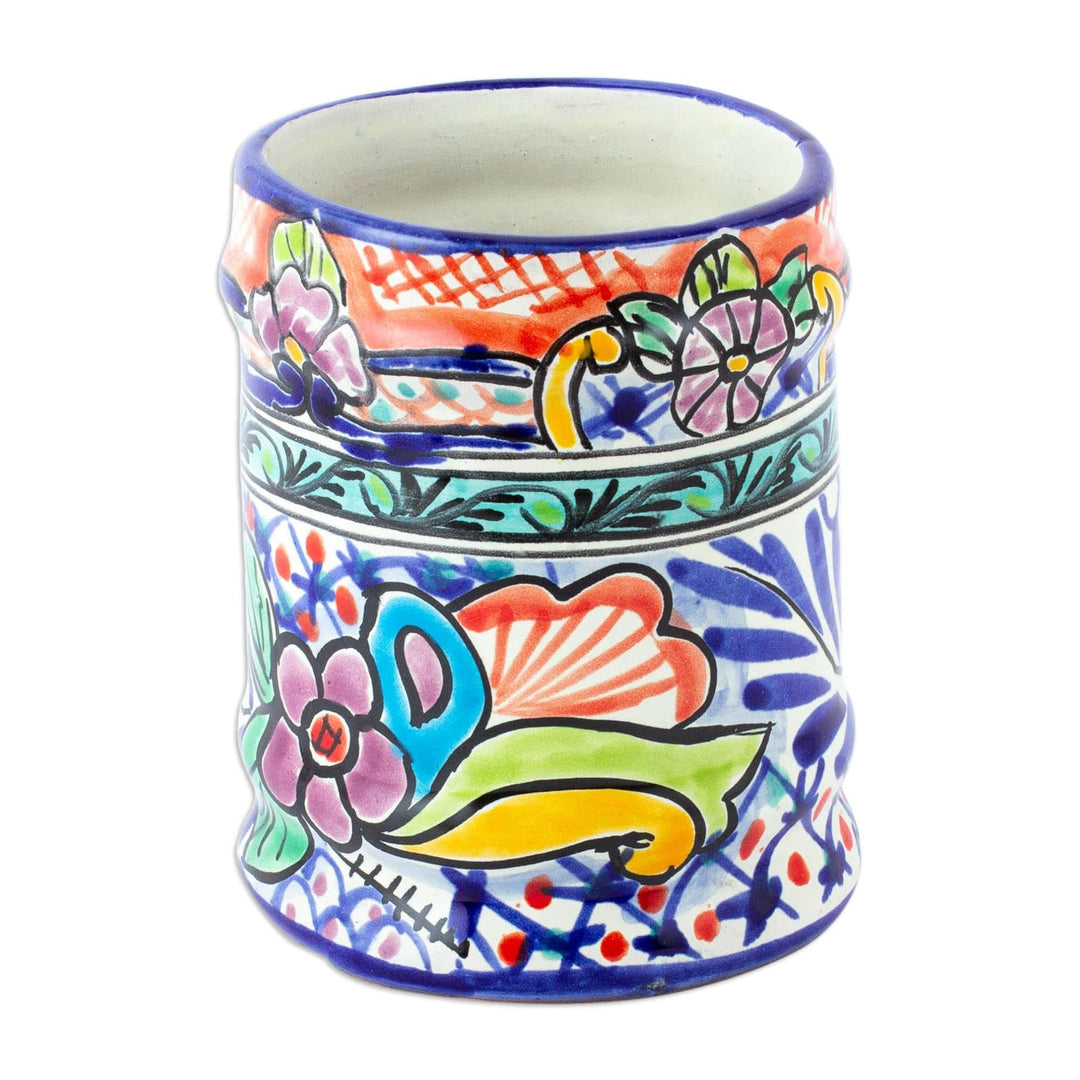 Hand Painted Ceramic Utensils Container from Mexico - Colonial Guanajuato