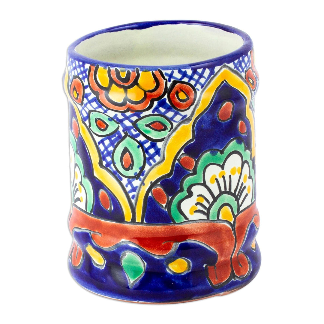 Hand Painted Ceramic Silverware Container from Mexico - Hidalgo Fiesta