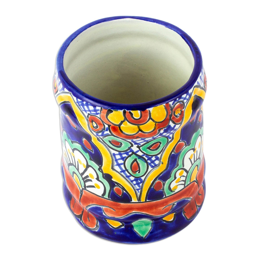 Hand Painted Ceramic Silverware Container from Mexico - Hidalgo Fiesta