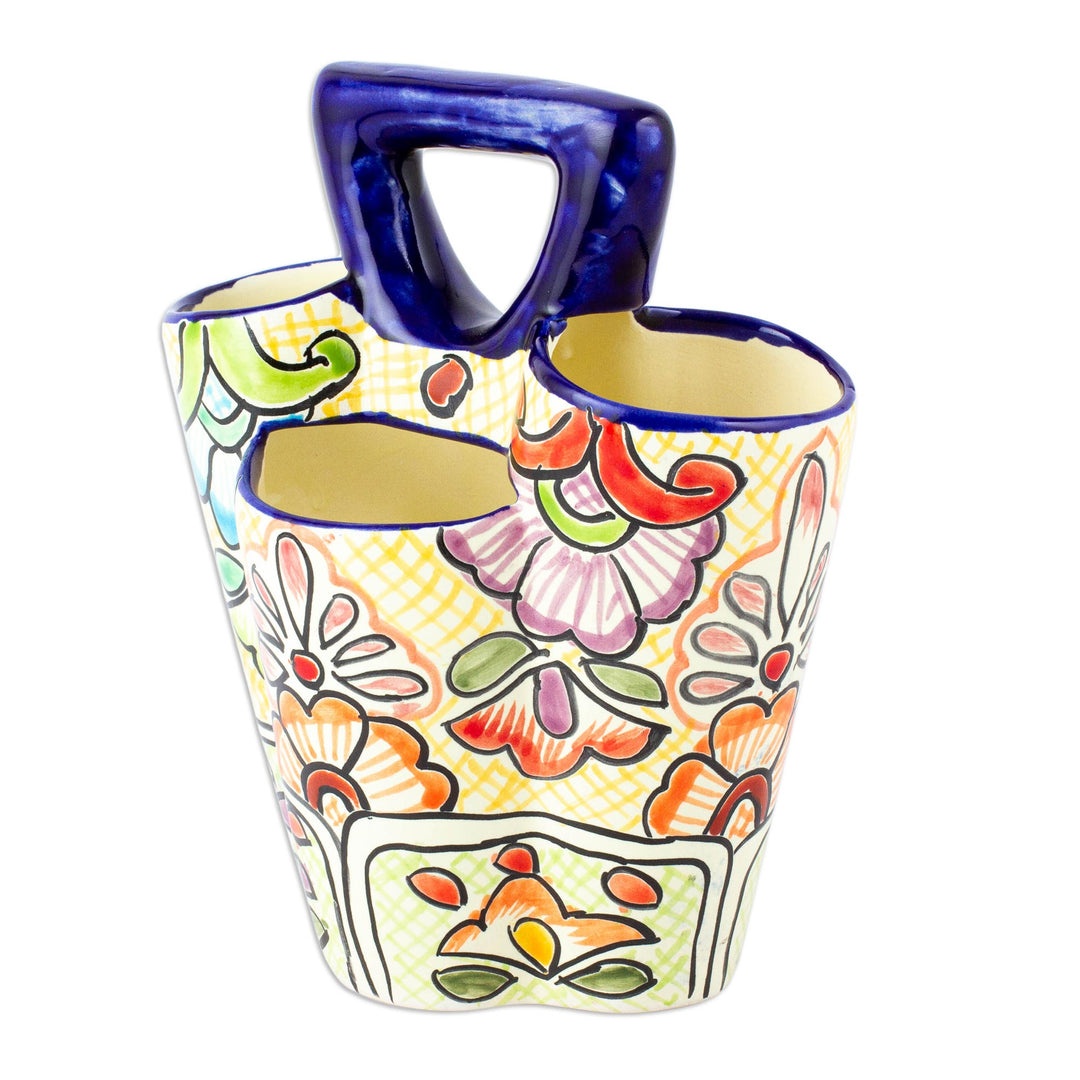 Multicolored Three-Sectioned Silverware Holder from Mexico - Yellow Colonial Cutlery