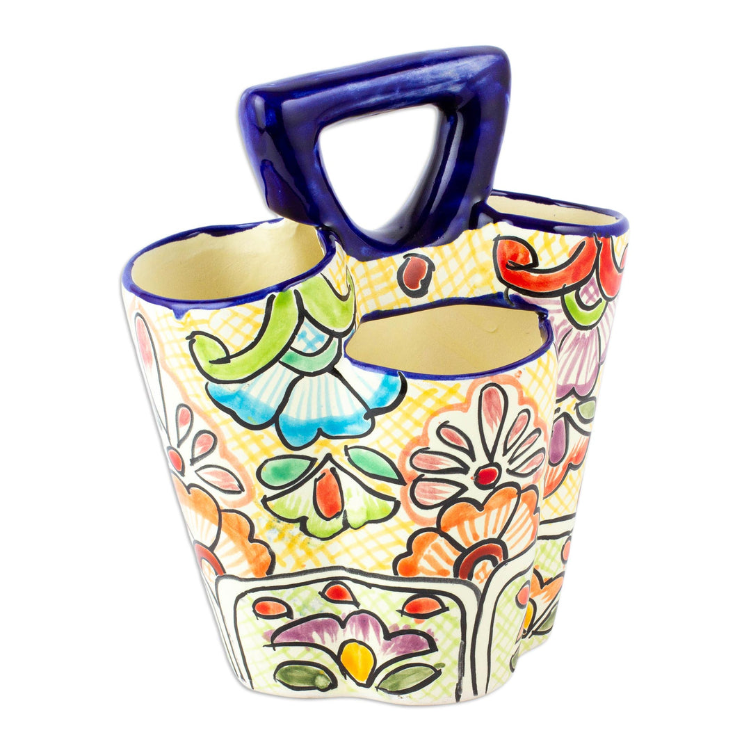 Multicolored Three-Sectioned Silverware Holder from Mexico - Yellow Colonial Cutlery