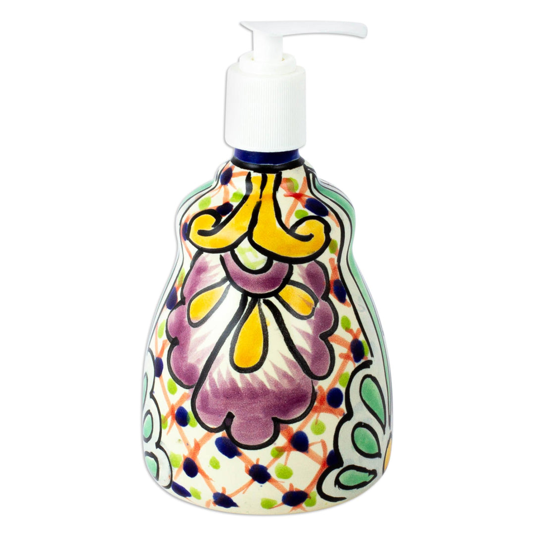 Multicolored Talavera-Style Ceramic Soap Pump from Mexico - Hidalgo Bouquet