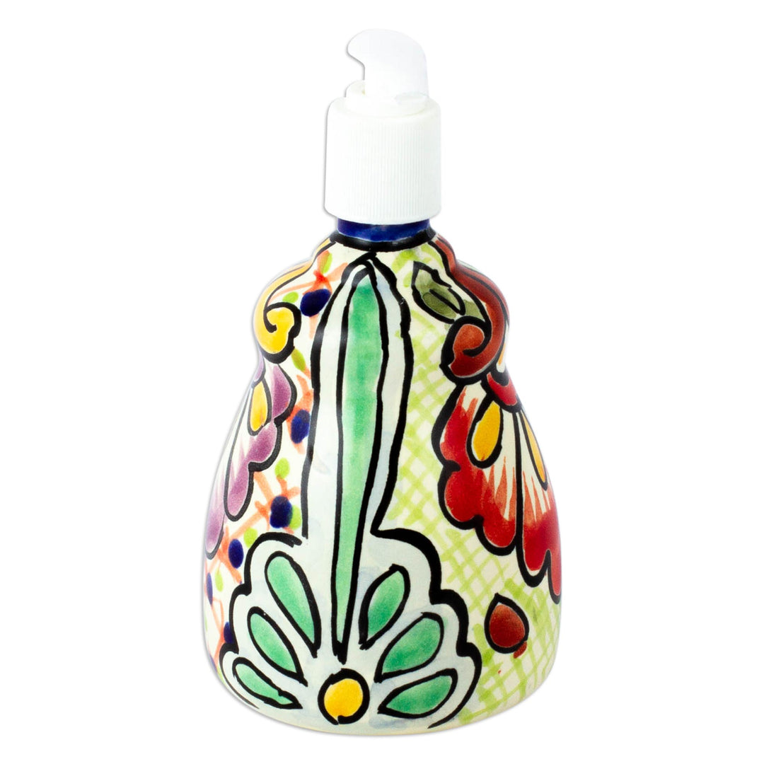 Multicolored Talavera-Style Ceramic Soap Pump from Mexico - Hidalgo Bouquet