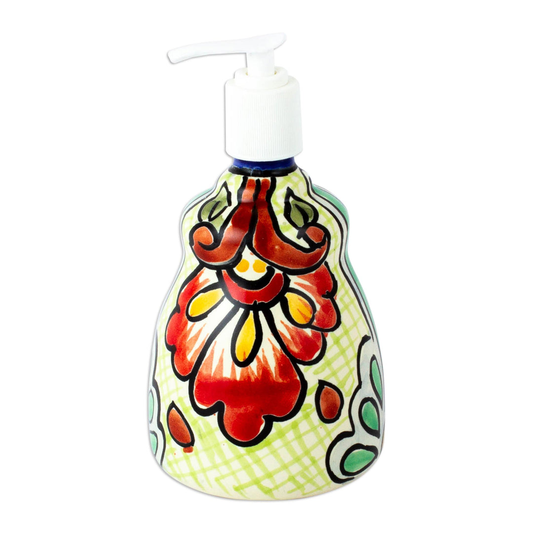 Multicolored Talavera-Style Ceramic Soap Pump from Mexico - Hidalgo Bouquet