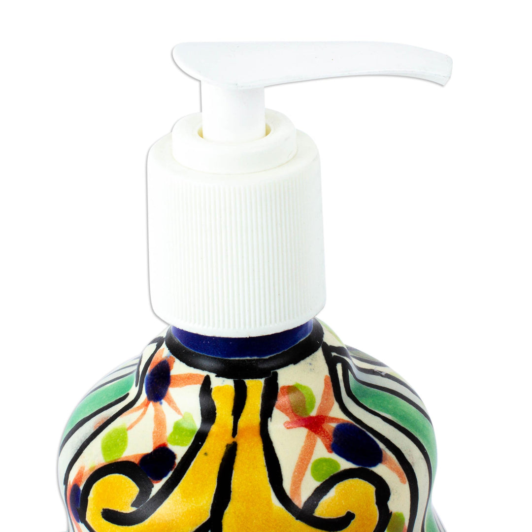 Multicolored Talavera-Style Ceramic Soap Pump from Mexico - Hidalgo Bouquet