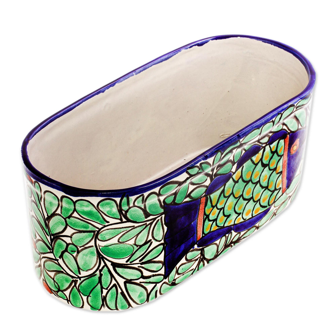 Talavera Style Fish-themed Ceramic Planter Box from Mexico - Pez Azul