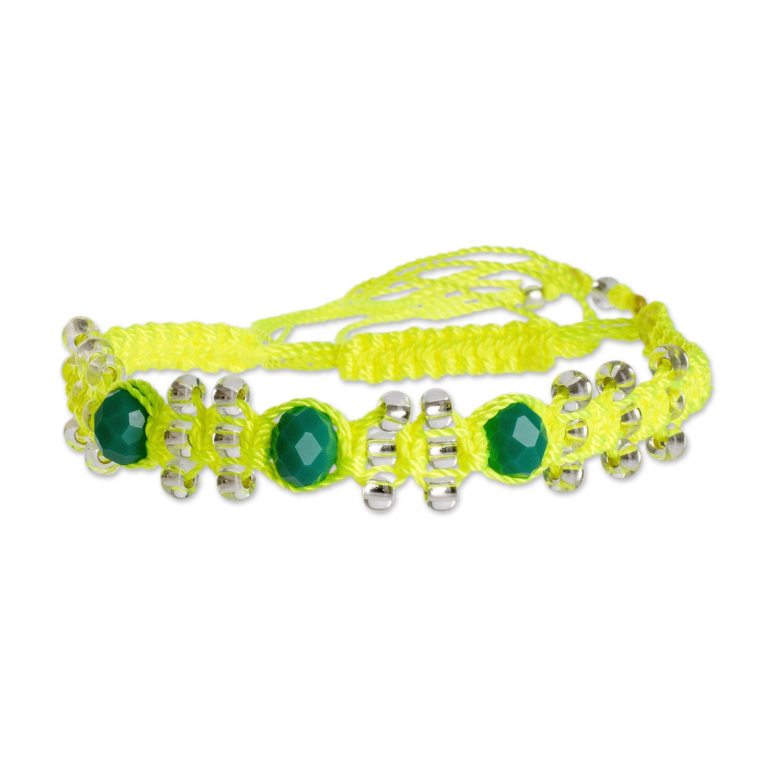 Neon Yellow and Teal Macrame Beaded Boho Bracelet - Teal on Yellow