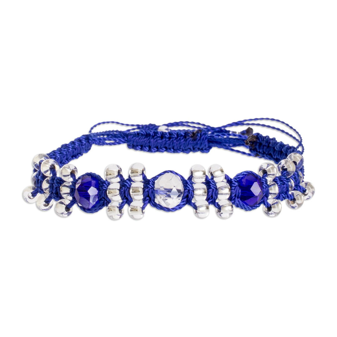 Dark Blue and Clear Crystal Macrame Beaded Bracelet - Crystals on Blue
